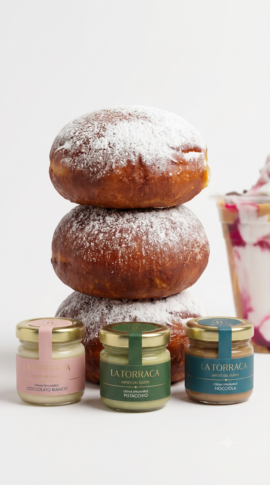 TRILOGY (3 BRIOCHES da 80 gr. CON CREMINE MIGNON NOCCIOLA 40 GR.-CIOCCOLATO bianco 40 GR.-PISTACCHIO  40 GR.)